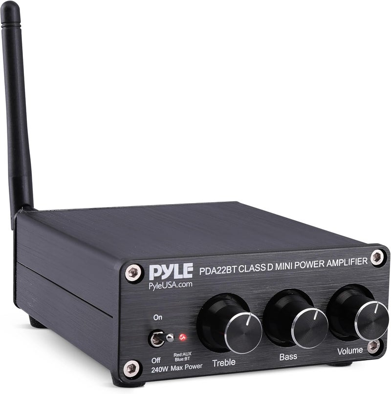 Pyle 240W Mini Bluetooth Home Stereo Amplifier - 2 Channel Compact Micro Receiver with Bass & Treble Control Dials - Includes Power Supply - Use with Passive Speakers for Indoor - Garage - Desktop - Image 1
